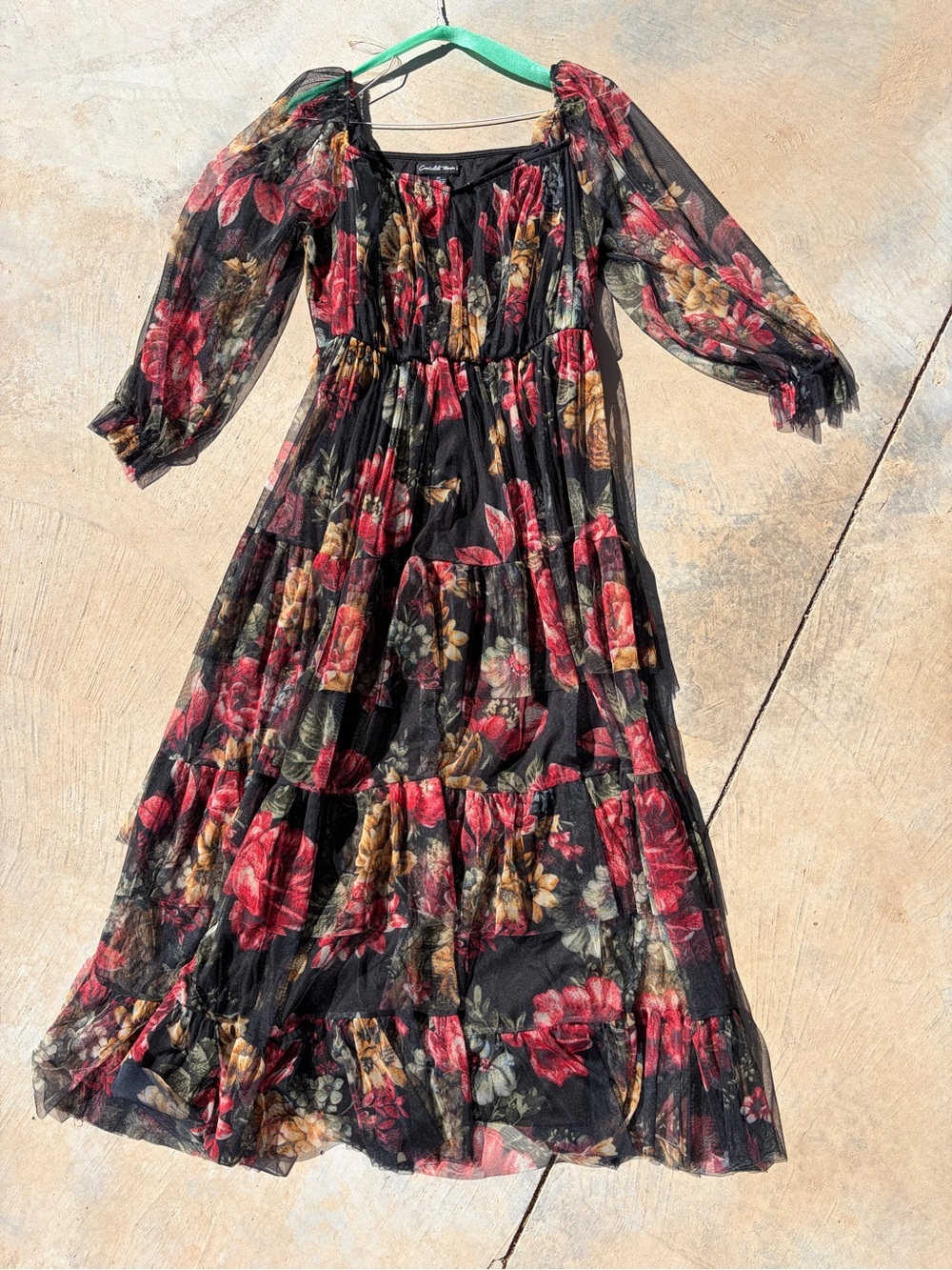 Charlotte Russe Black Floral Maxi Dress with Red and Gold Flowers